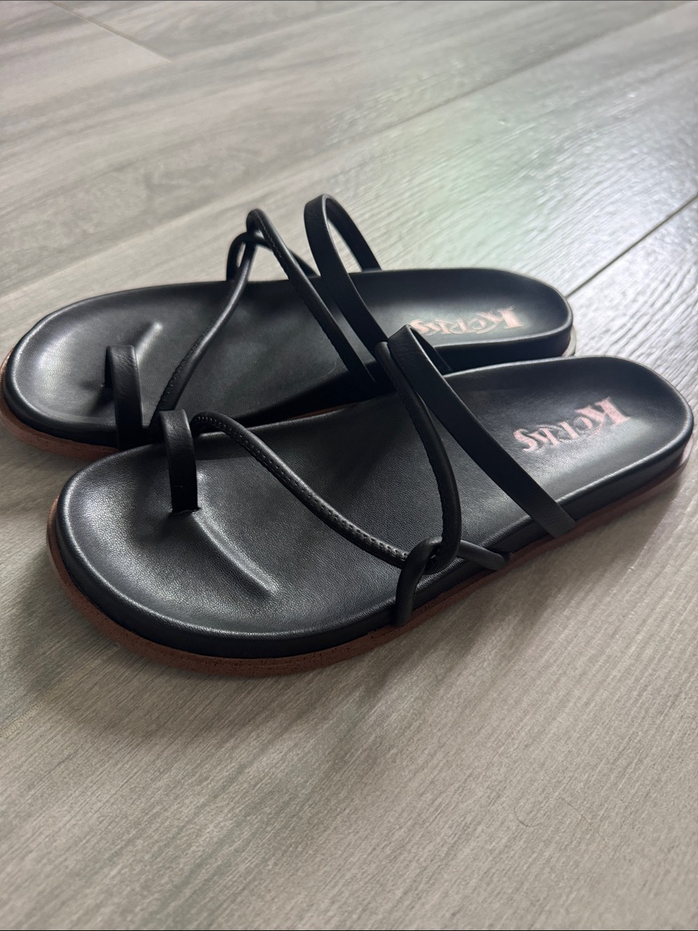 Kork-Ease Black Strappy Toe-Loop Sandals with Brown Sole